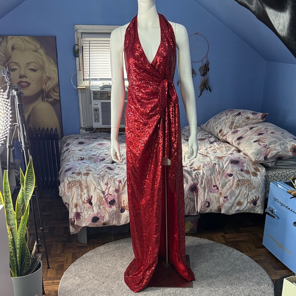 City Goddess Halter Neck Sequin Maxi Dress with Split Detail